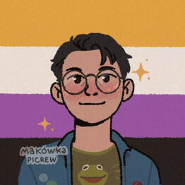 A picrew of a boy with black hair and glasses in front of a nonbinary flag.